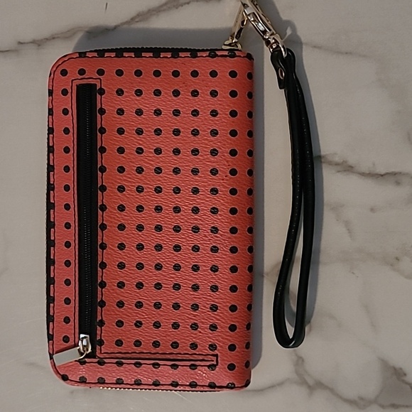 Fossil Leather Coral Pink Black Polka Dots Wallet Wristlet Practical Errands - Picture 4 of 10